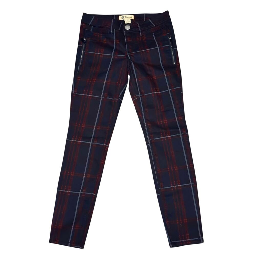 Democracy Freedom Jeggings Size 6 Navy Red Plaid Pants Zippers Stretch Preppy